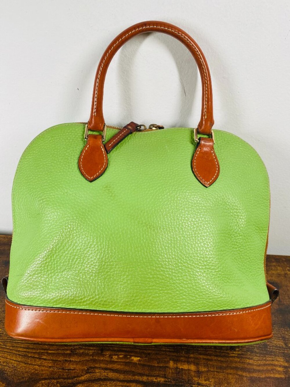 Vintage Dooney & Bourke Zip Zip Satchel Green & Brown Leather Handbag - Picture 2 of 16